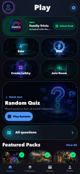 Trivia Blitz home screen with quick play and multiplayer options