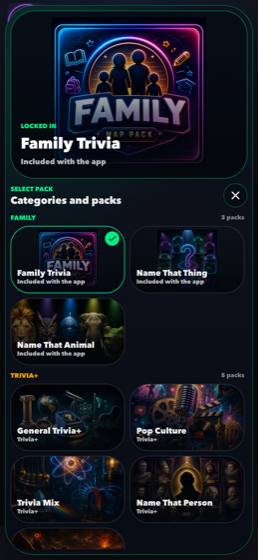 Trivia Blitz category picker with selectable question packs
